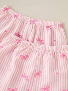 3pcs Tween Girls Cute Bow, Heart And Stripe Print Short Sleeve Cardigan, Long Pants And Shorts Pajama Set - Multicolor - View 6