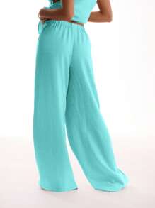 MUSERA Quần ống rộng cạp chun chất liệu giả vải lanh, thích hợp cho kỳ nghỉ hè, đi biển, phong cách thanh lịch, boho, Ibiza, thường ngày. - Màu xanh lam - Xem 2