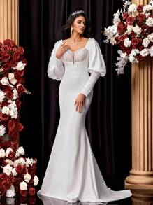 Glamrae 优雅泡泡袖蕾丝边荷叶边美人鱼裙，带拖尾，适合婚礼、单身派对、蜜月、新娘 - 米色 - 查看 7