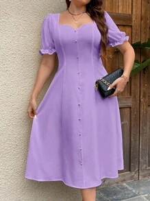 SHEIN Privé 大码女式方领泡泡袖 A 字中长款夏季休闲连衣裙 - 紫丁香色 - 查看 1