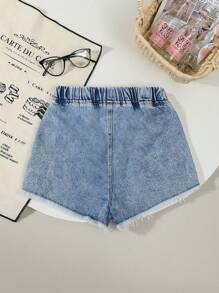 Shorts vaqueros de niñas preadolescentes con estilo Y2K, lavado vintage en azul claro, bajo deshilachado, bordado de estrellas, corte suelto, tela cómoda y suave, moda urbana, vaqueros para niñas