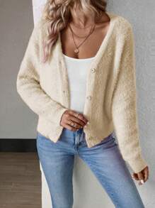 EMERY ROSE Plain Front Button V-Neck Elegant Mink Fur Trim Short Cardigan, Long Sleeve Fall Winter Cloth For Women - Apricot - View 6