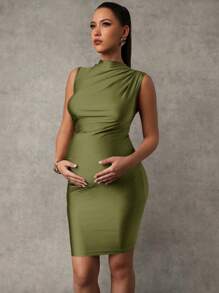 MaterniChic Vestido de maternidade sem mangas com zíper frontal de cor sólida, moderno para o verão - Verde de Exercício - Ver 5