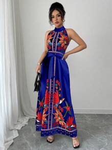 Elenzga 女士花卉印花腰部系带优雅挂脖度假连衣裙 - 藍色 - 查看 1