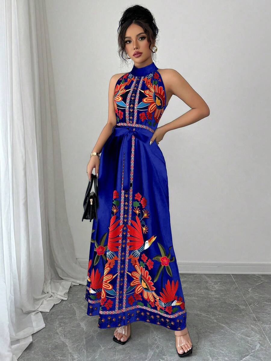 Elenzga 女士花卉印花腰部系带优雅挂脖度假连衣裙 - 藍色 - 查看 1