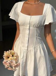 MainGRL Women White Woven Square Collar Front Button Elegant Short Sleeve Mini Dress