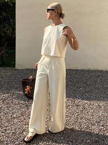 Livesso Women's Casual Summer Tank Top And Denim Pants 2 Pieces Set - Beige - View 6