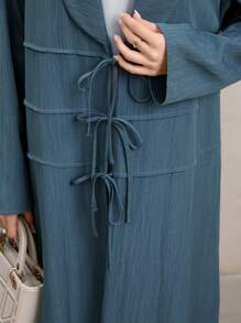 Al Najma Women's Conservative Casual Bowknot Fastening Extra Long Robe, Women Elegant Gown, Modest Abaya - Blue - View 2