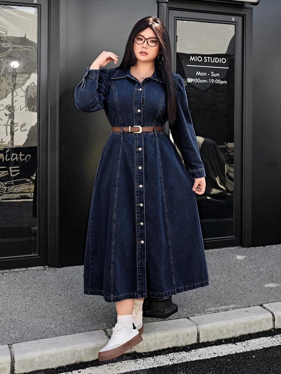 SHEIN ICON Plus Size Women's Long Sleeve Single-Breasted Casual Denim Shirt Dress Fall Cloth For Women - Navy Blue - View 1