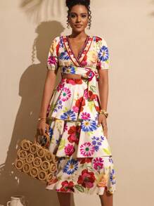 Vesra 2 件女士度假印花系带短款上衣和蛋糕裙套装