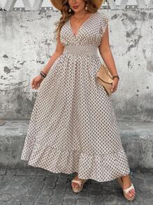 SHEIN Holidaya Plus Size Women Deep V-Neck Drawstring Waist Full Print Vacation Dress