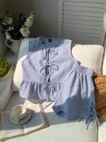 Comfortcana 夏季女式蓝色条纹梭织无袖上衣，荷叶边下摆，前系带，配松紧腰短裤两件套 - 藍色 - 查看 4