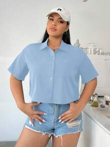 SHEIN EZwear Plus Size Blue Woven Loose Casual Short Sleeve Shirt For Summer - Blue - View 4