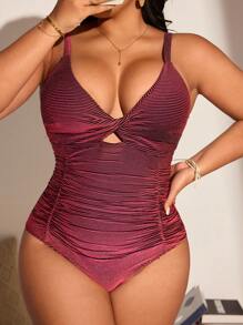 Swim Lushoire Plus Size Women Conservative Hollow-Out Ruched One-Piece Swimsuit, High-Stretch Special Fabric, Suitable For Beach & Pool For Summer Beach Vacation - Red - View 4