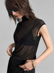 Ontre 2025 Spring Summer Women's Simple Solid Mesh Sheer Mock Neck Sleeveless T-Shirt/Camisole Tank Top/Vest, Black See-Through Summer Top, Elegant & Sexy,See Through Top,Christmas, New Year - Black - View 1