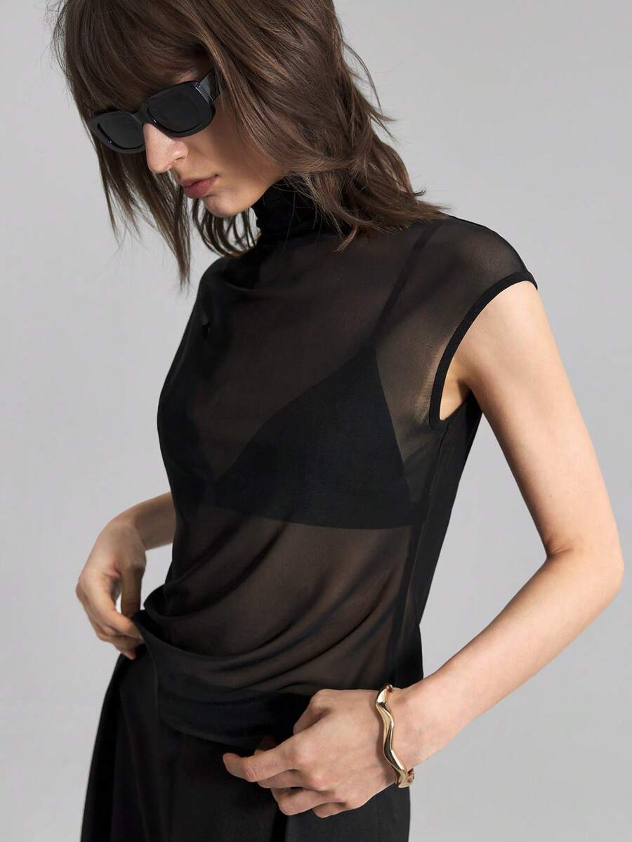 Ontre 2025 Spring Summer Women's Simple Solid Mesh Sheer Mock Neck Sleeveless T-Shirt/Camisole Tank Top/Vest, Black See-Through Summer Top, Elegant & Sexy,See Through Top,Christmas, New Year - Black - View 1