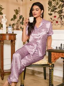 Women's Two Pieces Jacquard Collar Cardigan Pajama Set - Pink - View 6