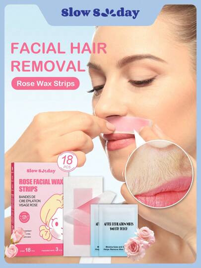 SlowSunday Rose Facial Wax Strips, Wax Hair Removal, Designed For Lips, Eyebrows, For A Soft, Nourished Finish, With Oil Pack To Removes Residue