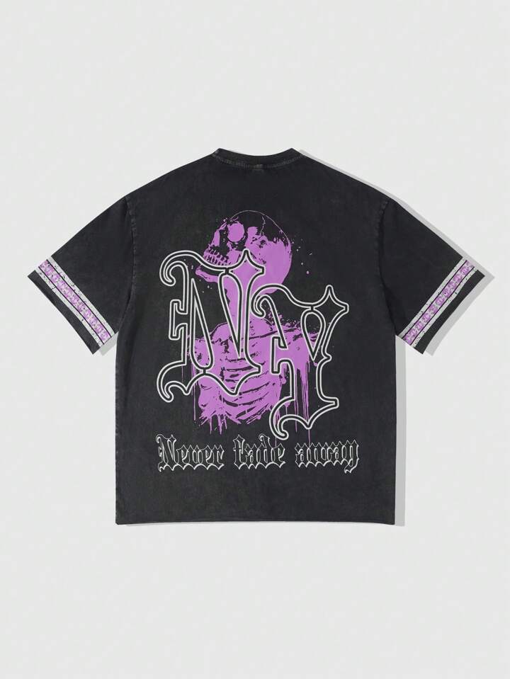 Our Prep Men's Gothic Jersey Washed Letter & Skeleton Print Loose