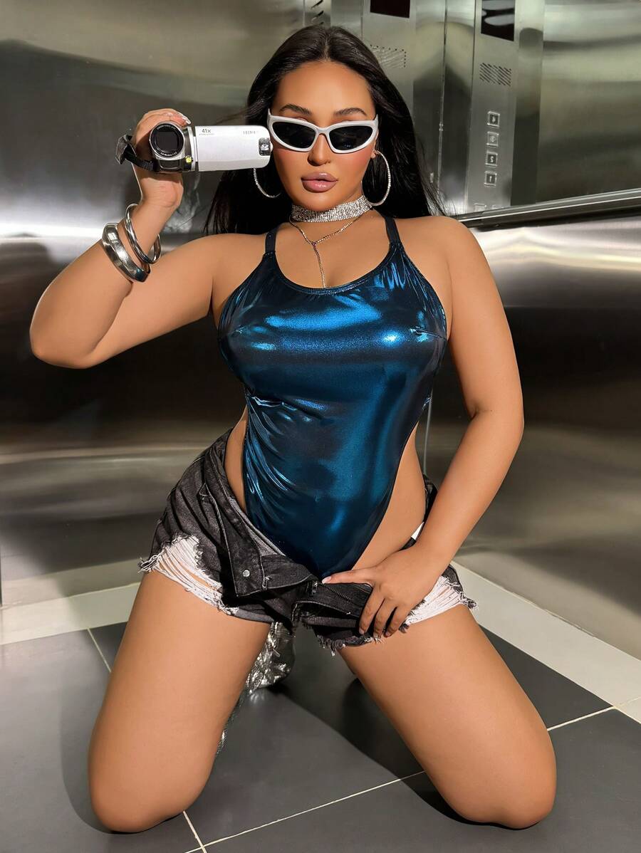 Swim SXY 1pc Plus Size Metallic Sexy One Piece Swimsuit, Suitable For Beach, Music Festivals & Pair With Outfits