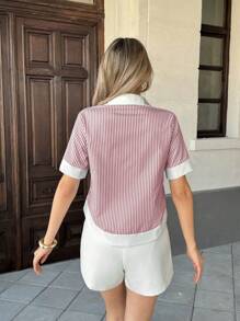 Pariaura 女士条纹拼布撞色领口袋短袖休闲衬衫