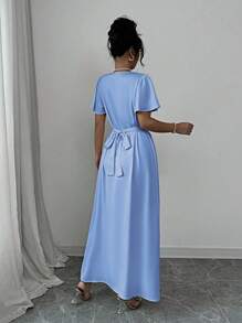 Elenzga 女士香槟色缎面 V 领修身腰后蝴蝶结连衣裙，适合情人节和婚礼季节 - 淺藍色 - 查看 2