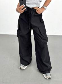 SHEIN PETITE Women's Black Woven Cargo Pants: Casual Long Length With Pockets, Wide Leg, And Drawstring Waist For Everyday Comfort And Style