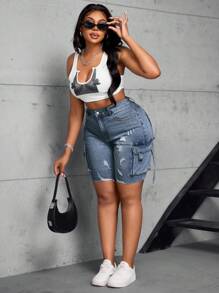 SHEIN SXY 大码休闲洗水做旧工装牛仔短裤