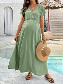 SHEIN Maternity Vacation Casual Solid Color Side Slit Dress Green - Green - View 5