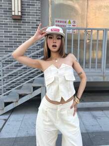 Coolane Kids Teen Girl Fall/Winter Basic Linen Comfortable Beige Bustier Tops & Pants Sets,Two Pieces Outfits