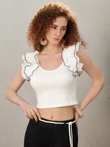 SHEIN MOD Weißes T-Shirt mit Rüschen für Feiertage, Vintage T-Shirt, Lässig T-Shirt, elegantes T-Shirt, T-Shirt im Feiertags-Stil, Bohemien-Stil Frauenmode, T-Shirt für Ausgehen - Weiss - Übersicht 5