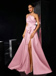 Glamrae 优雅浪漫缎面不对称荷叶边露肩大蝴蝶结装饰高开衩至大腿长裙，适合晚会、庆典、约会、正式场合、礼服、婚礼宾客 - 粉色 - 查看 4