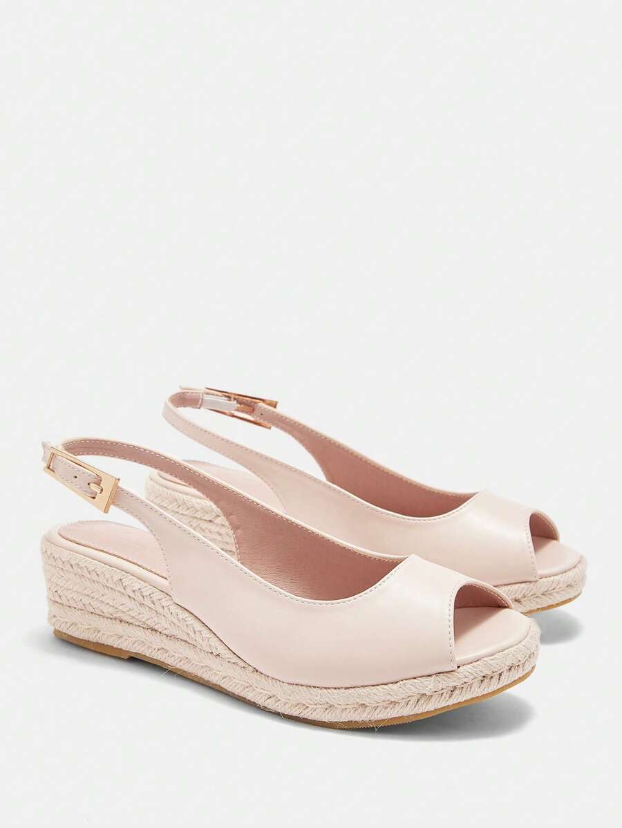 CUCCOO CURVES 加大码宽版坡跟凉鞋，厚绳鞋底，露趾，后带，夏季度假鞋 - 杏色 - 查看 1