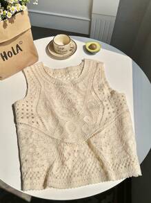 Comfortcana Einfaches Lässig oberhemd in Unifarbe ohne Ärmel mit rundem Ausschnitt in Große Größen, geeignet für den Sommer