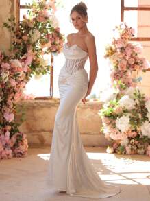 Glamrae 优雅华丽的白色蕾丝手工贴花钻石装饰V领褶裥腰部性感透视鱼尾连衣裙，适合婚礼、节日、新娘礼服、正式场合、情人节等场合。 - 白色 - 查看 5