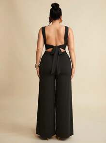 SHEIN BAE 夏季海滩度假大码服装节日服装派对聚会、约会旅行、外出、音乐节服装、演唱会服装、乡村音乐节服装，纯黑色优雅性感露背系带蝴蝶结无袖超阔腿连体裤，适合日常穿着、约会、派对、聚会、外出、不对称阔腿连体裤、情人节连体裤、休闲连体裤、优雅连体裤 - 黑色 - 查看 5