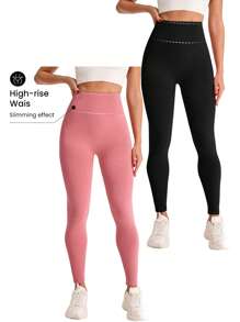 SHEIN Sports 简约纯色高腰无缝打底裤 - 彩色 - 查看 5