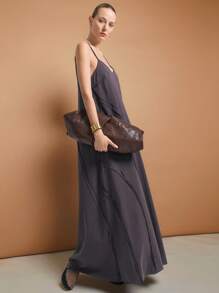 Ontre 2025 Women's Solid Color Loose Spaghetti Strap Dress, Simple Casual, Versatile, Vintage Style, Spaghetti Strap Vacation Dress - Dark Grey - View 3