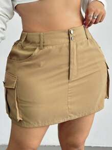 Flirla Plus Size Women's Cargo A-Line Skirt With Large Pockets, Khaki Color - Khaki - View 1