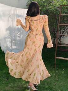 DAZY Damen langes Blumenkleid, Frühlings-/Herbstkleid mit Langarm