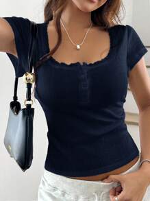 Zielony Sweet Lace Trim Short Sleeve T-Shirt For Women, Summer New Slim Fit 3-Button Front Half Sleeve Top