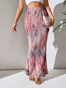 Celisse Spring And Summer Casual Pleated Elastic Waist Fish Tail Hem Long Skirt With Random Prints Maxi Skirt Fall Cloth For Women