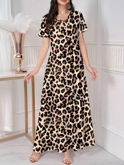 Lacomfia Women's Leopard Print V-Neck Short Sleeve Knit Casual/Work Dress, Leopard Pattern Is Elegant And Suitable For Daily Wear, Dates, Leisure, Parties, Holidays, Valentine's Day