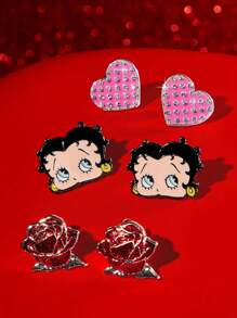 Betty Boop x SHEIN 3 Pairs Fashionable Zinc Alloy Rhinestone Earrings With Heart, Rose And Cartoon Portrait Designs, Suitable For Everyday Wear, Fits All Face Shapes,Gift Ideas,Party,Holiday,Valentine's Day