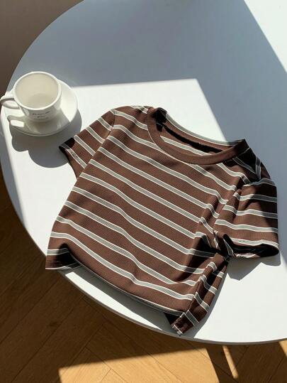 Comfortcana Plus Size Summer Casual Striped Short Sleeve Cropped T-Shirt