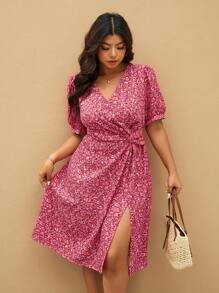 Elaquor Robe d'été pour femme grande taille, design croisé avec un col en V et imprimé floral romantique français pour les vacances - Rose orangé - Voir 1