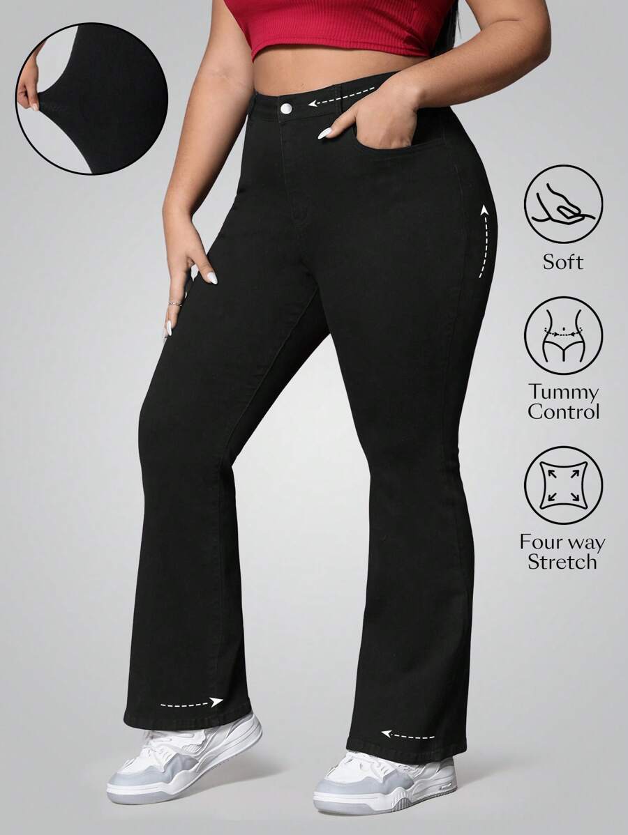 SHEIN Essnce Plus Size Plain Color Jeans, Fashion Suitable For Summer - Black - View 1