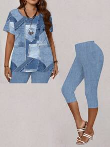 EMERY ROSE Bộ 2 chiếc áo phông in họa tiết denim chắp vá thường ngày mùa hè cỡ lớn cho nữ và quần legging dài 3/4 - Nhiều màu - Xem 6