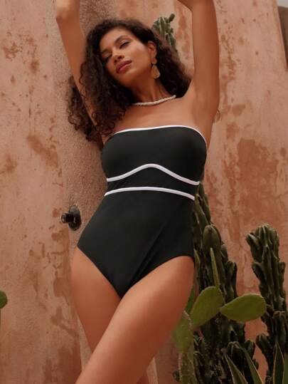 SHEIN Swim 女士优雅纯色黑白撞色饰边抹胸海滩度假连体泳衣