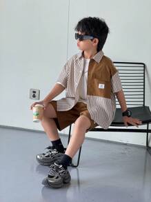 SHEIN 2pcs/Set Tween Boys Comfortable Casual Loose Fit Fashion Personalized Striped Shirt & Contrast Color Shorts Set, Suitable For Daily Wear, Sports, Outings, School, Parties, Holidays, Photoshoots, Back To School Season, Spring/Summer